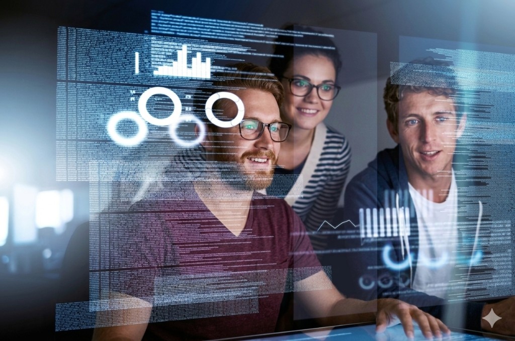 Team collaborating with technology and data